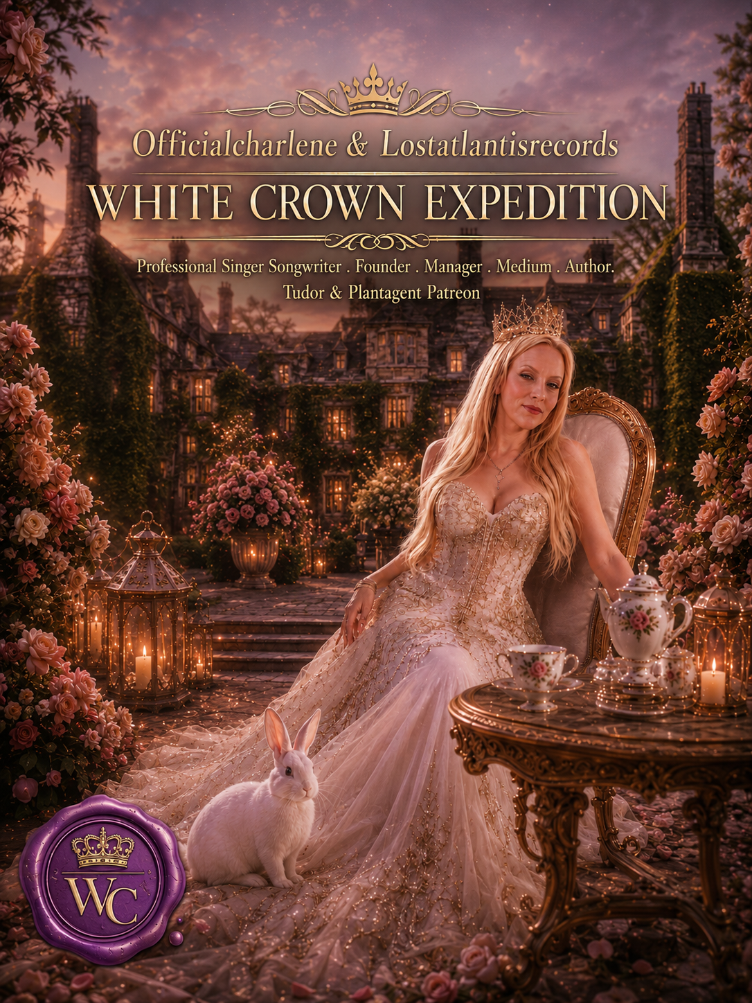 Officialcharlene crowned in a candlelit rose garden with the white rabbit — White Crown Expedition artwork